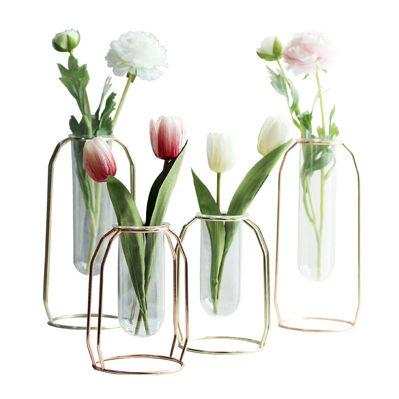 

Modern minimalist geometric desktop indoor crystal clear glass tube vase with metal stand, Gold
