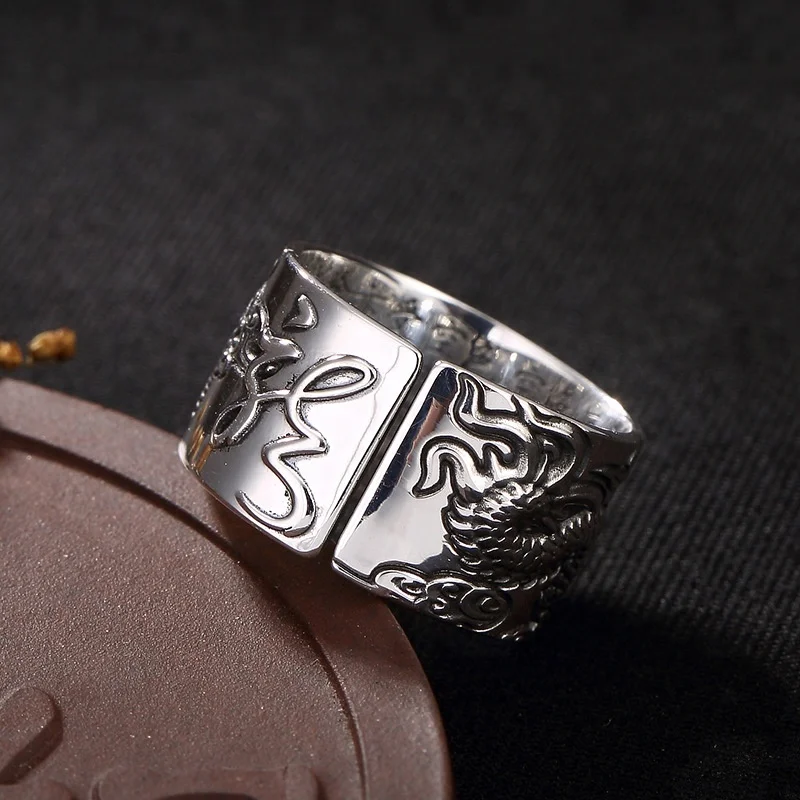 

Sterling Silver 990 Ring Men Vintage Men Rings Chinese Dragon Heart Sutra Punk Rock Biker Silver Jewelry