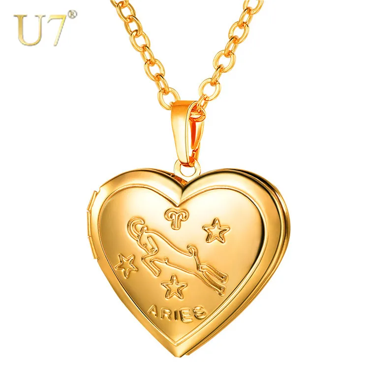 

U7 With Chain 12 Zodiac Women 18K Gold Plated Aries Photo Heart Necklace Locket, Gold/silver color