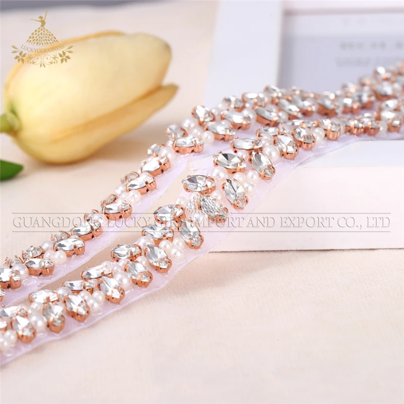 

LG1384 Rose gold and pearls Shiny clear color rhinestone applique for bridal dress