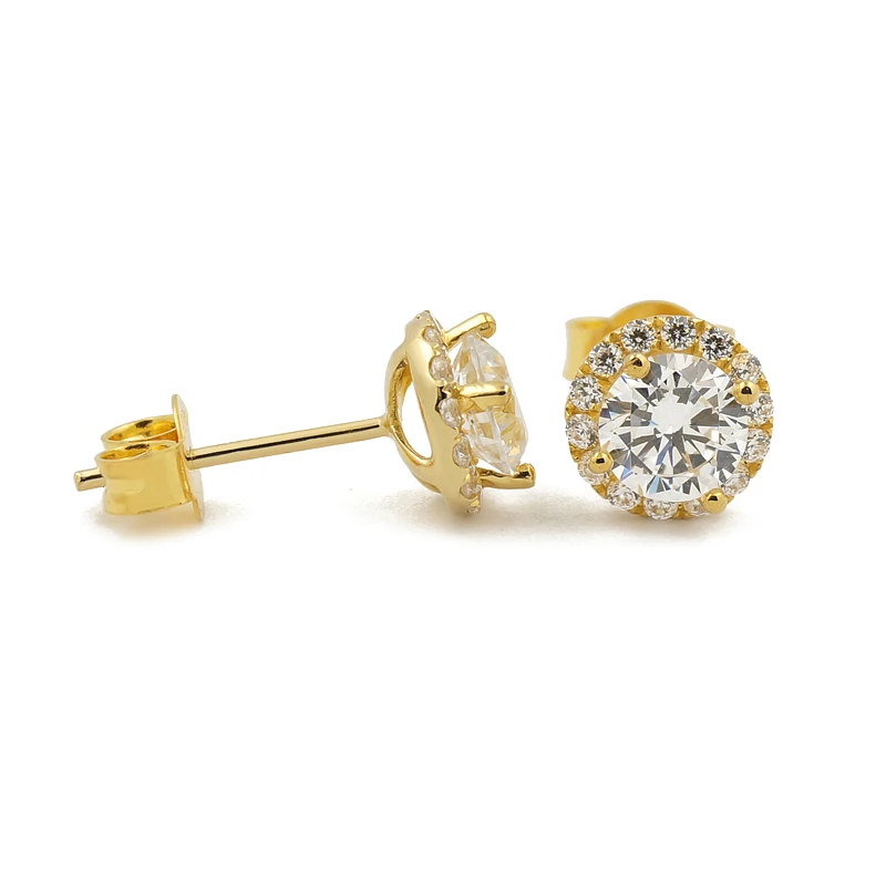 

DE0001 Women Tiny Round Stud Earring with CZ Stones Real Solid Gold Jewelry 18K Gold Earrings