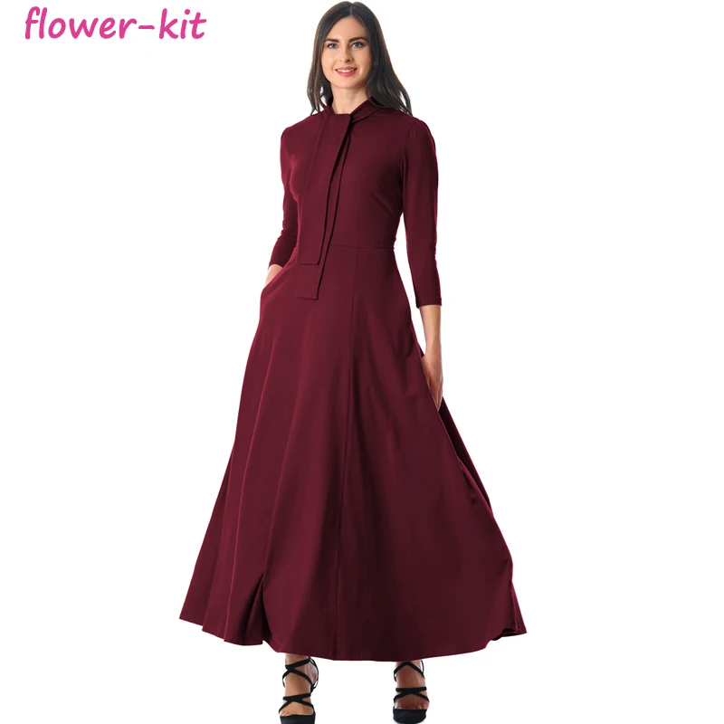 

A Line Pocketed 3/4 Sleeves Tie Neck Vintage Formal Maxi Dresses Women Long Sleeve