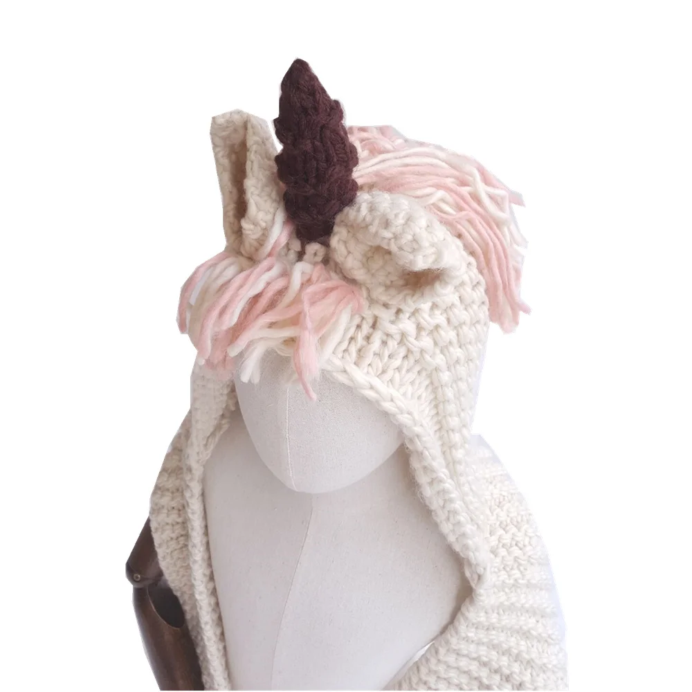 
2018 Cartoon Cute Unicorn Scarf Shawl Tassel Hats Acrylic Kids Knitted Unicorn Hood Hat with Pockets 
