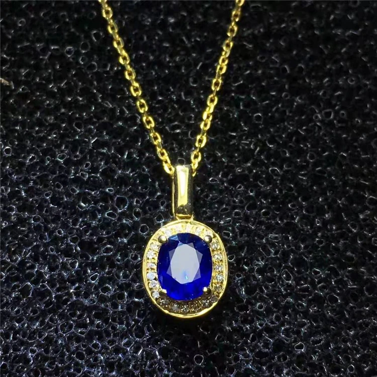 

European wedding gemstone jewelry 18k gold South Africa diamond 0.7ct natural sapphire pendant necklace for women, Blue