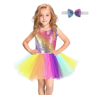 

Pabasana shiny sequin rainbow girl's birthday kids party dress with bow belt with high quality