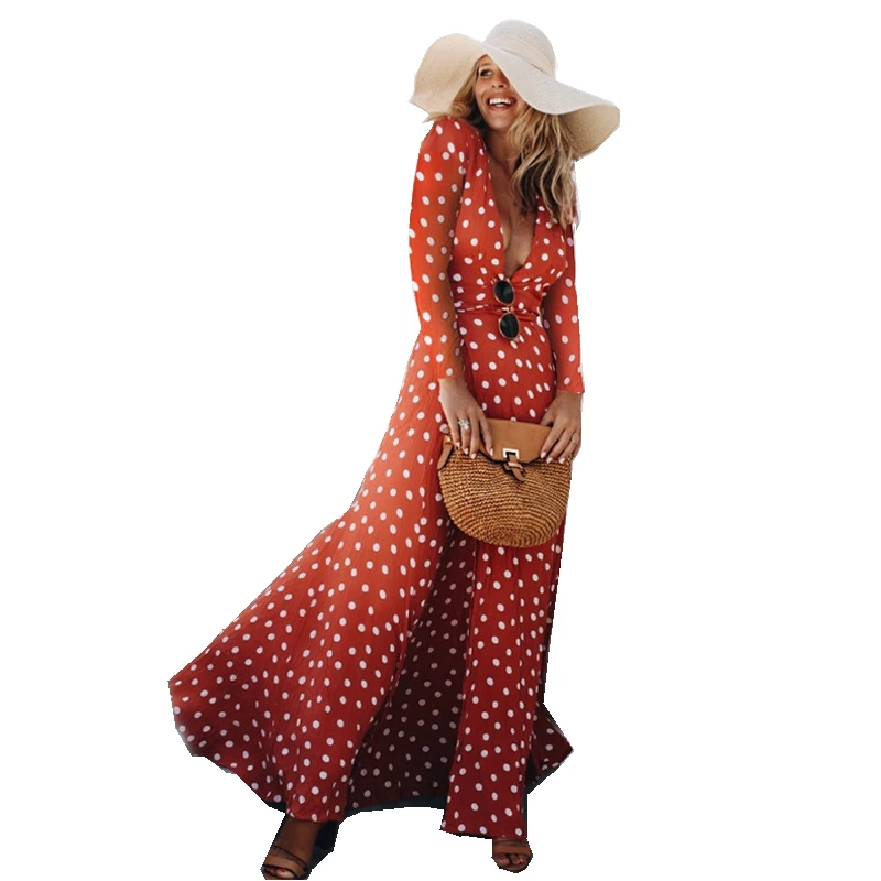 

Fashion dresses 2018 women long dresses Bohemian V-neck Front Split Point Dot Red Chiffon Dress With Belt