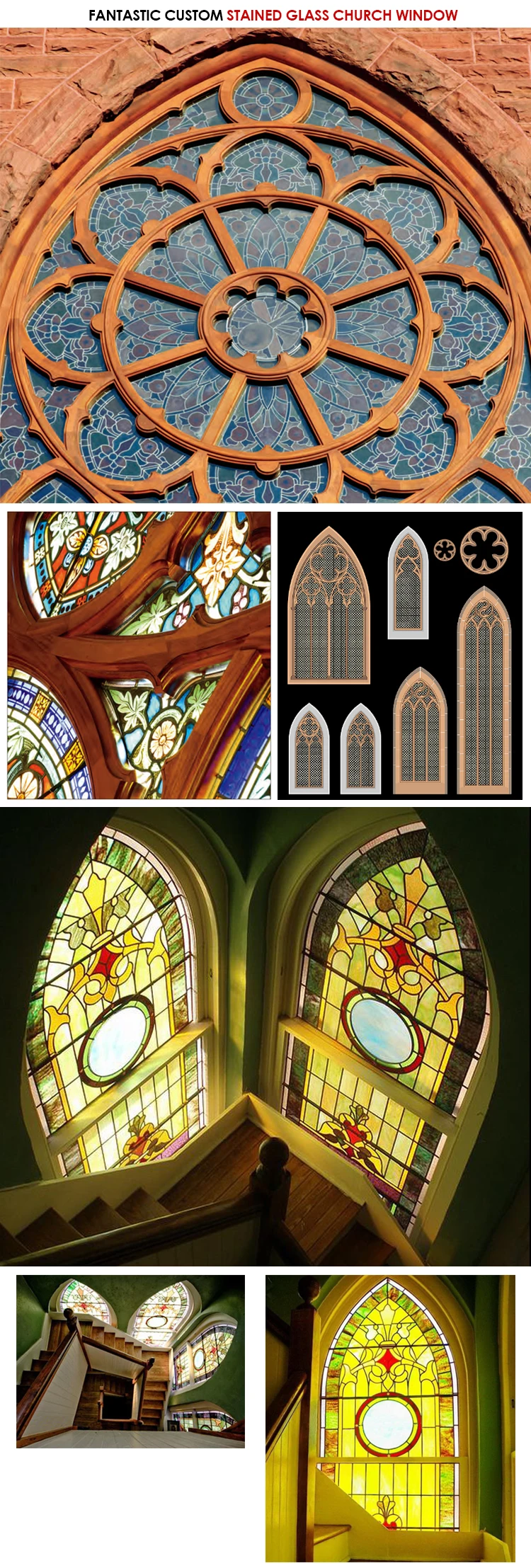 Hot Sale real stained glass windows arched top fixed transom with grille design