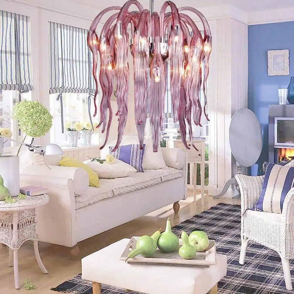 Wei-d European-Style Glass Chandeliers Willow Skirt Restaurant Art Hanging Line Lights Purple Flame Shape Chandeliers , A