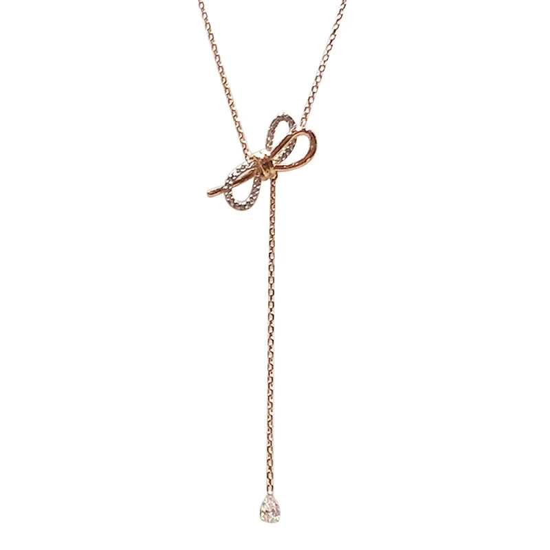 

Fashion Bow Water Drop Zircon Pendant Tassel Necklace