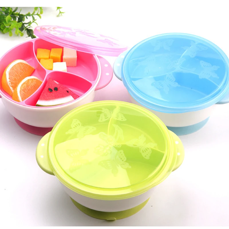 

BPA Free kids baby toddler training feeding food snack divided plate bowl Dishes with silicone suction Cup Lid Spoon Tableware, Red.blue.green.pink or custom color