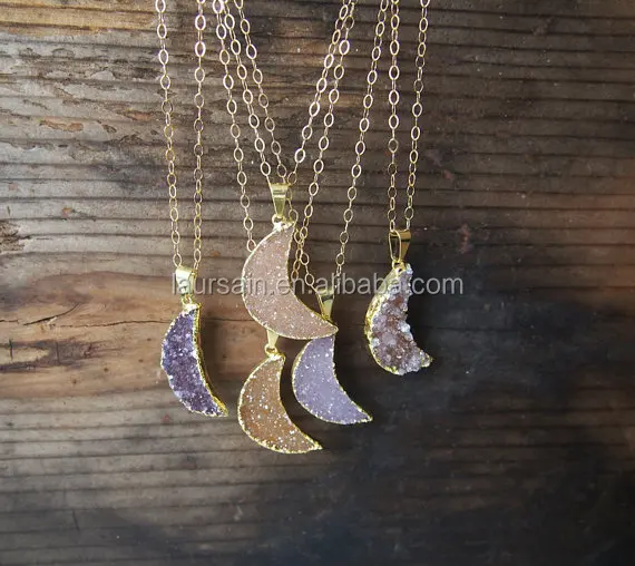 

LS-D3972 Crescent Moon Druzy Agate Necklace ,Beautiful Gold Moon Boho Gemstone Necklace
