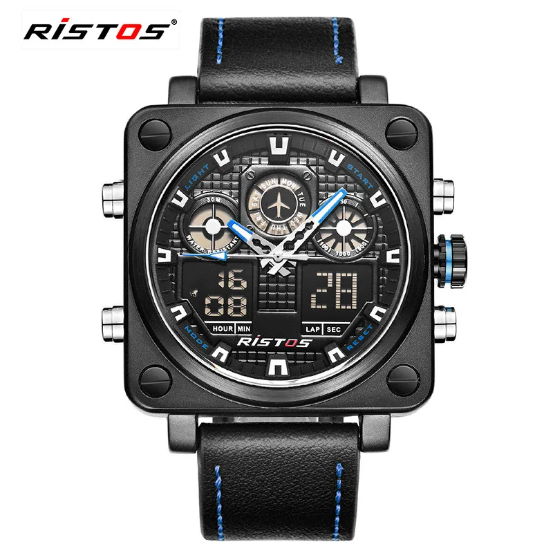 

RISTOS 9343 Men Quartz+Digital Fashion Sport Led Watch Leather Strap Chronograph Back Light Watch, 3 colors for choice