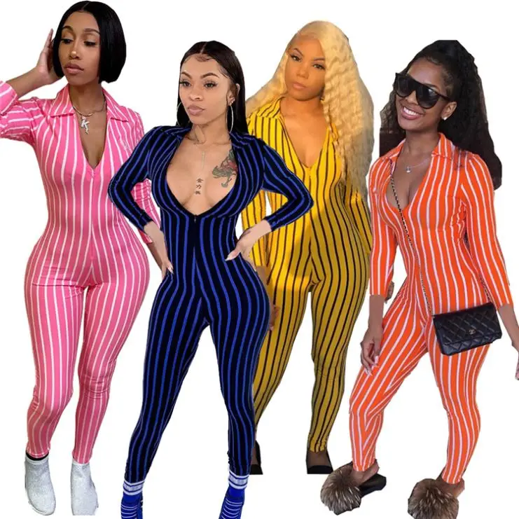 B95009 Sexy ladies bodycon long sleeve striped pants jumpsuit womens clothing latest design 2019