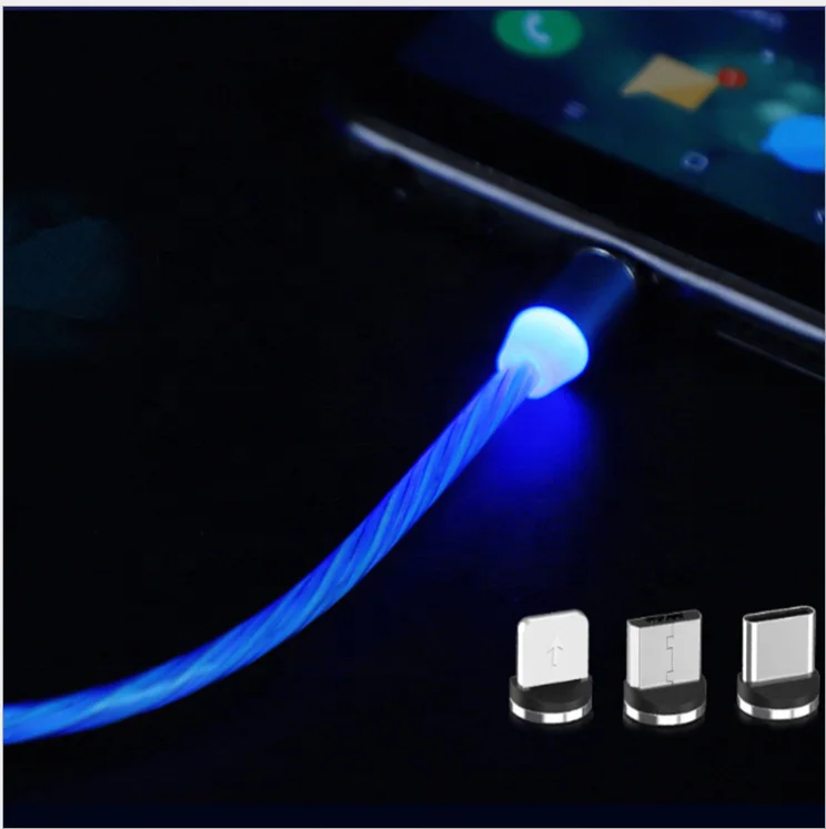 2019 New Fast Charging EL Glowing LED Magnetic 3 in 1 USB Cable for iPhone Type C Android