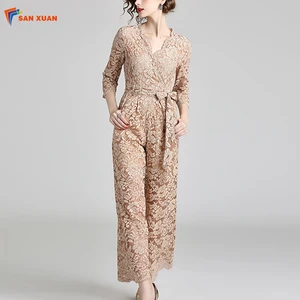 2019 Summer Hot Selling  New V-Neck Lace Embroidery Mature Women Wide Leg Pants One Piece Jumpsuits With Lace-Up Design