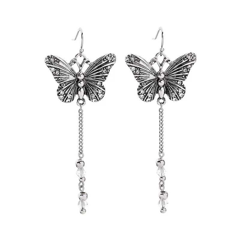 

ed02137d Gothic Style Vintage Silver Butterfly Long Chains Hoop Earrings For Ladies, Gold