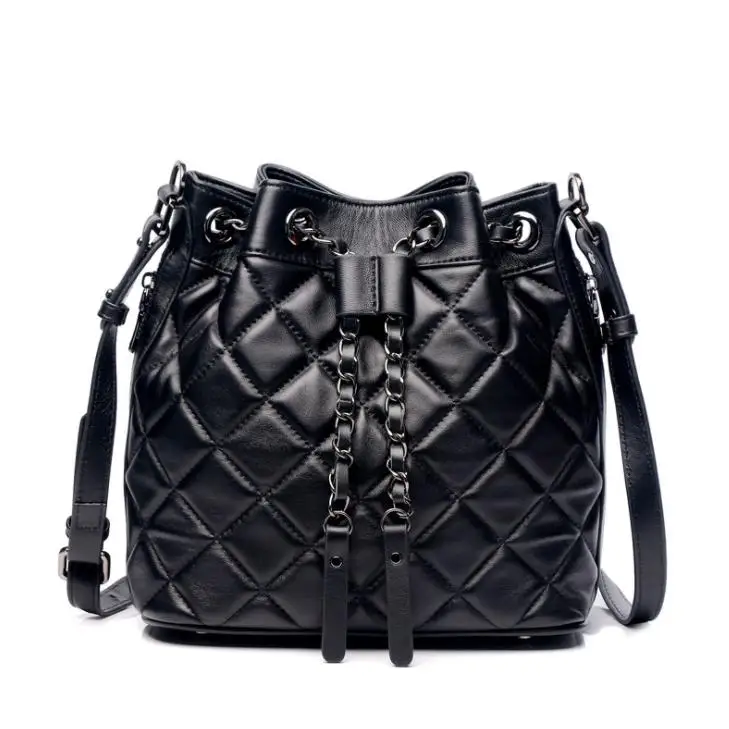 

2019 new fashion sheepskin genuine leather bucket bag women single ling shoulder bags large capacity simple female handbags