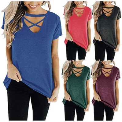 

CY-12 2019 latest hot selling new fashion summer Sexy Cross strap v-neck loose Pure color short sleeves women Ladies shirts tops, Picture show