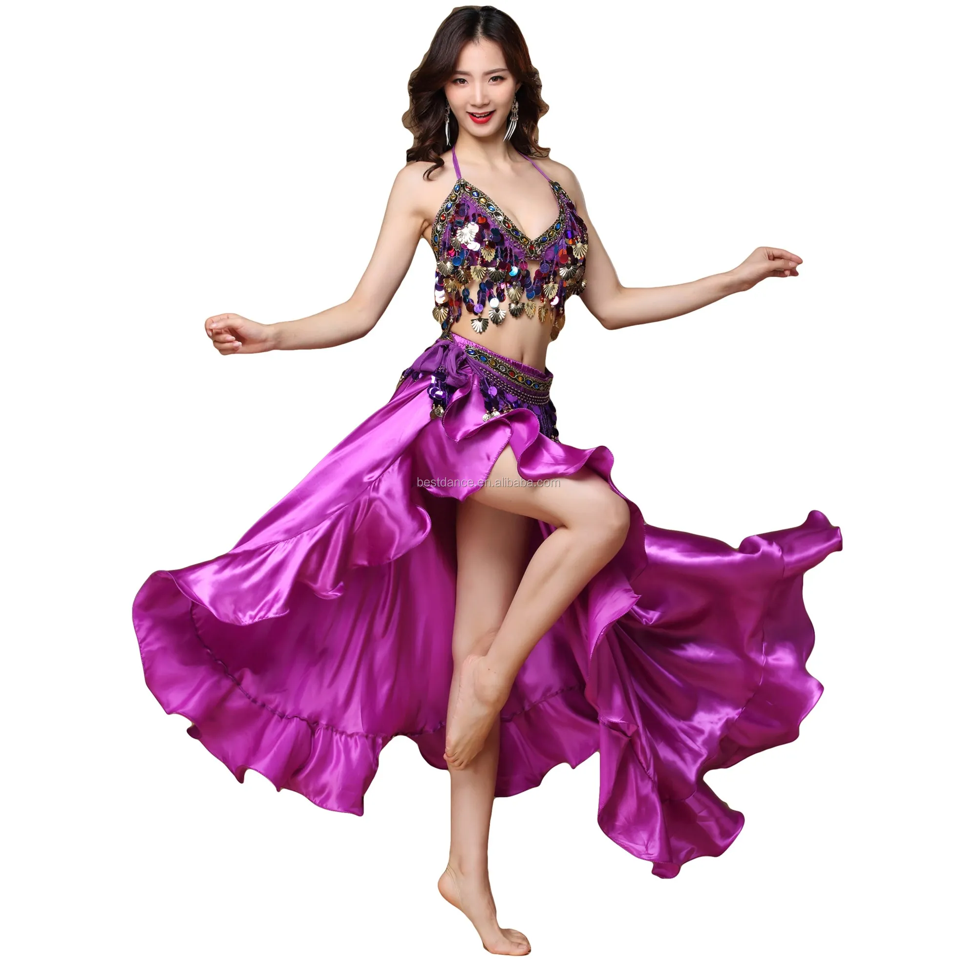 Bestdance Women Belly Dancing Split Wave Satin Skirt Sequin Top Bra Hip Scarf Belt Costume Set - Buy Performance Wear,Belly Dance Costume,Sexy Traje ...