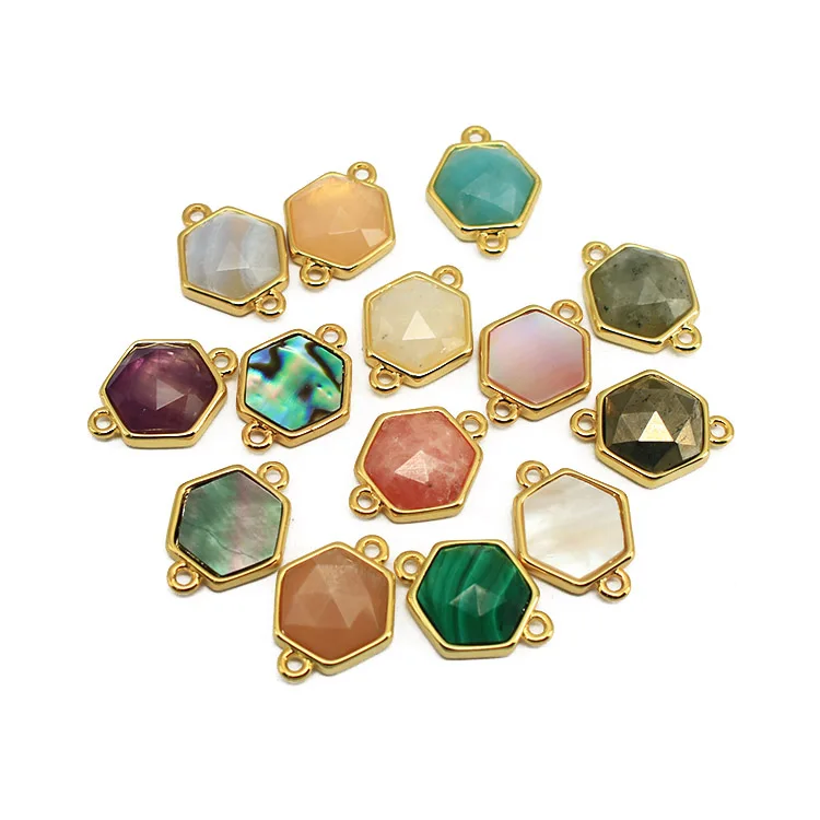 

JF8710 Dainty Gold Plated Faceted Natural Labradorite Semiprecious Stone Gemstone Hexagonal Bezel Two Ring Connector, Green,pink,white,pyrite,peach