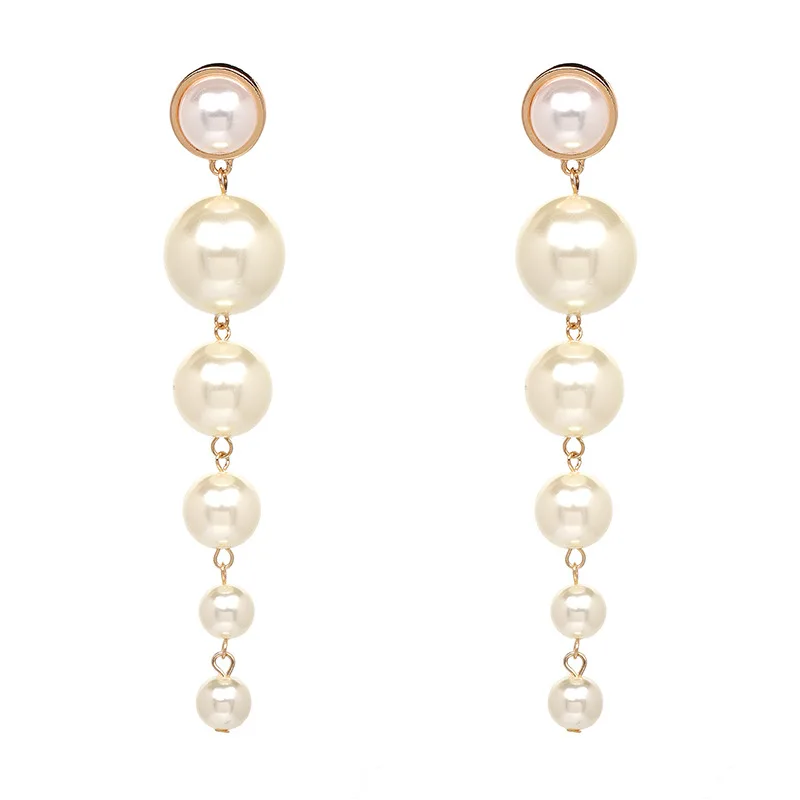 Trendy Elegant Created Big Simulated Pearl Long Earrings Pearls String Statement Drop Earrings For Wedding NS810261