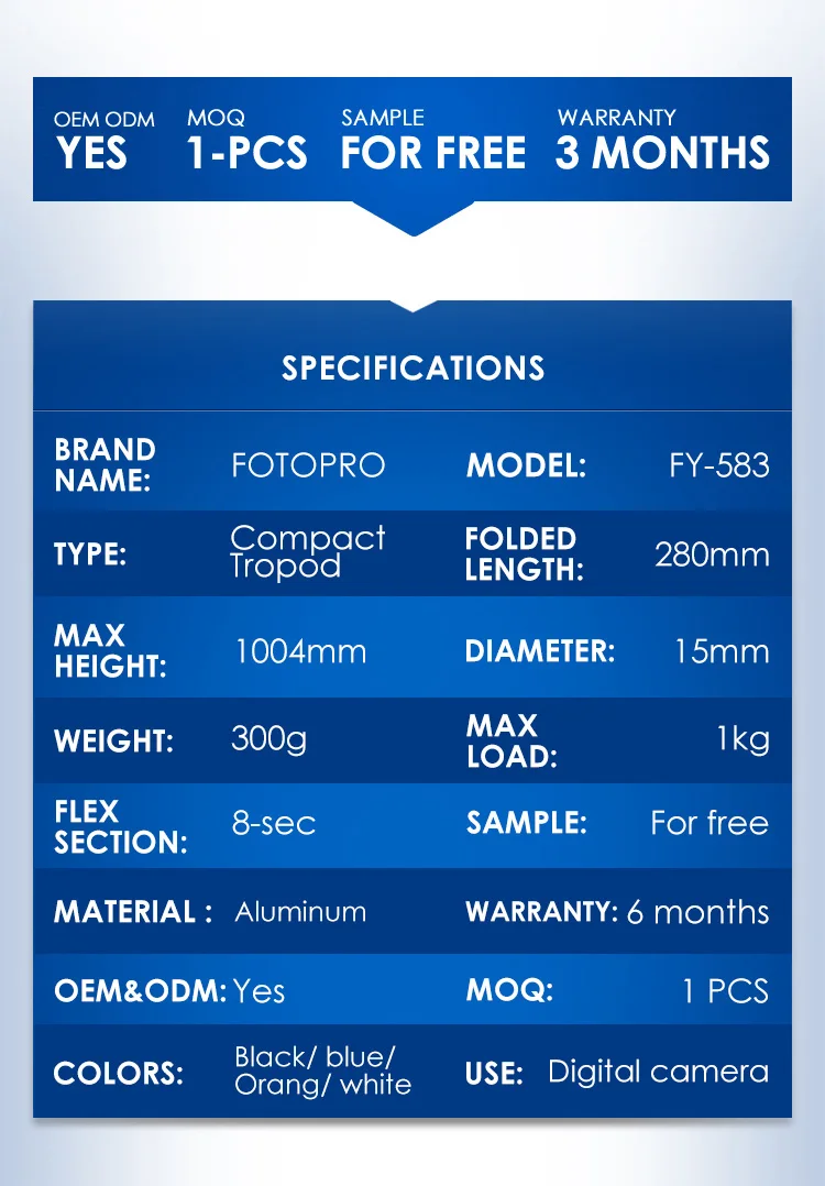 this compact tripod is a Aluminum tripod,6 months warranty,8 sections flexible,OEM ODM available,tripod for camera smartphone,gopro,360 degree rotation,sample for free