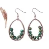 Large Turquoise Drop Pendant Hoop Silver Earrings, Handmade Boho Gemstone Wire Wrap Beaded Earrings For Women