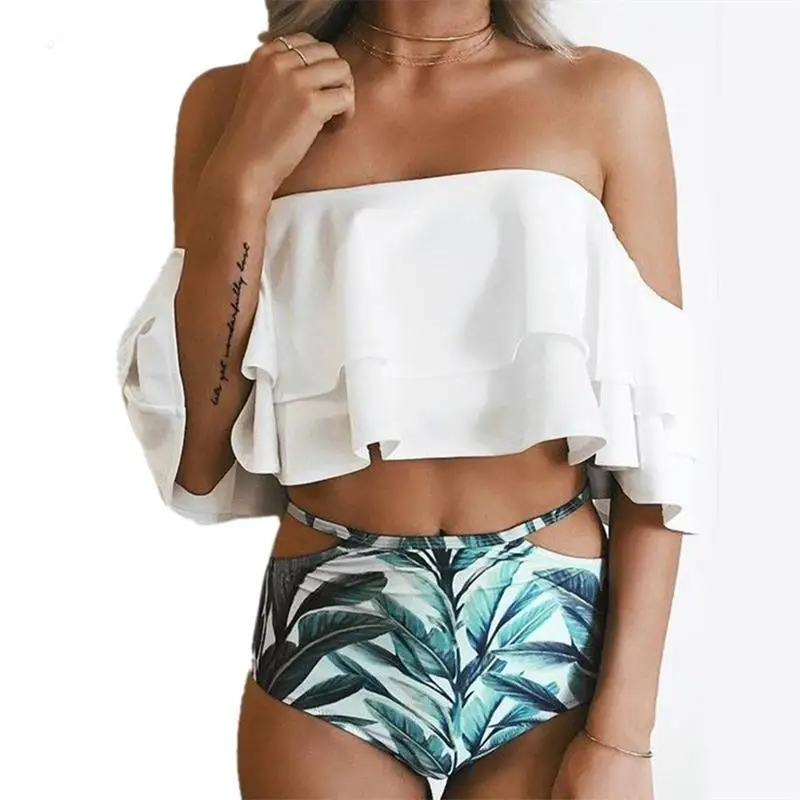 

2019 Summer Seaside Vacation Two Piece Sexy High Waist Tankinis Double Layer Ruffled One Shoulder Swimwear, Black;white