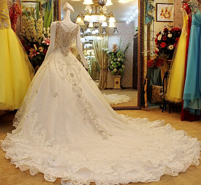 

Real Made Picture Ball Gown Wedding Dress White Luxury Crystals Beading Married Dresses Custom Made Measurements XJ01