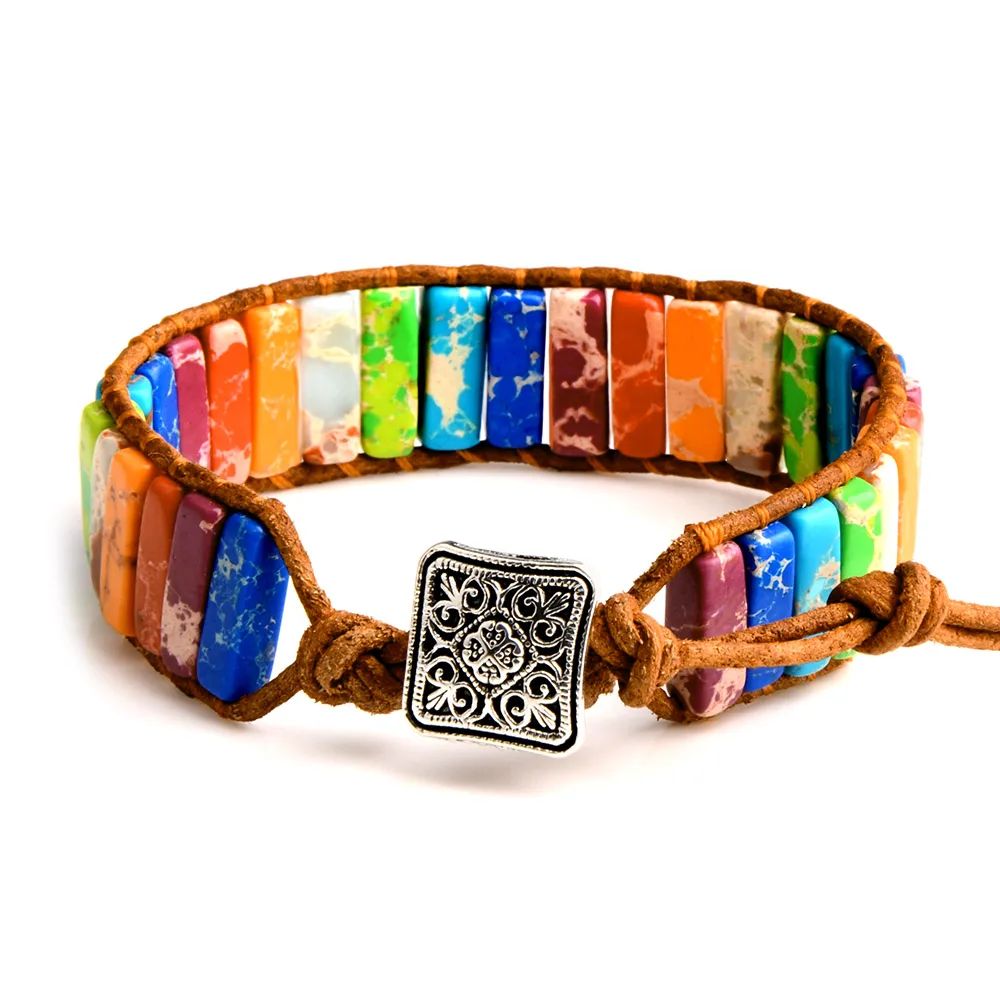 Bohemia Handmade Tube Natural Stone Beads Leather Wrap Chakra Bracelet