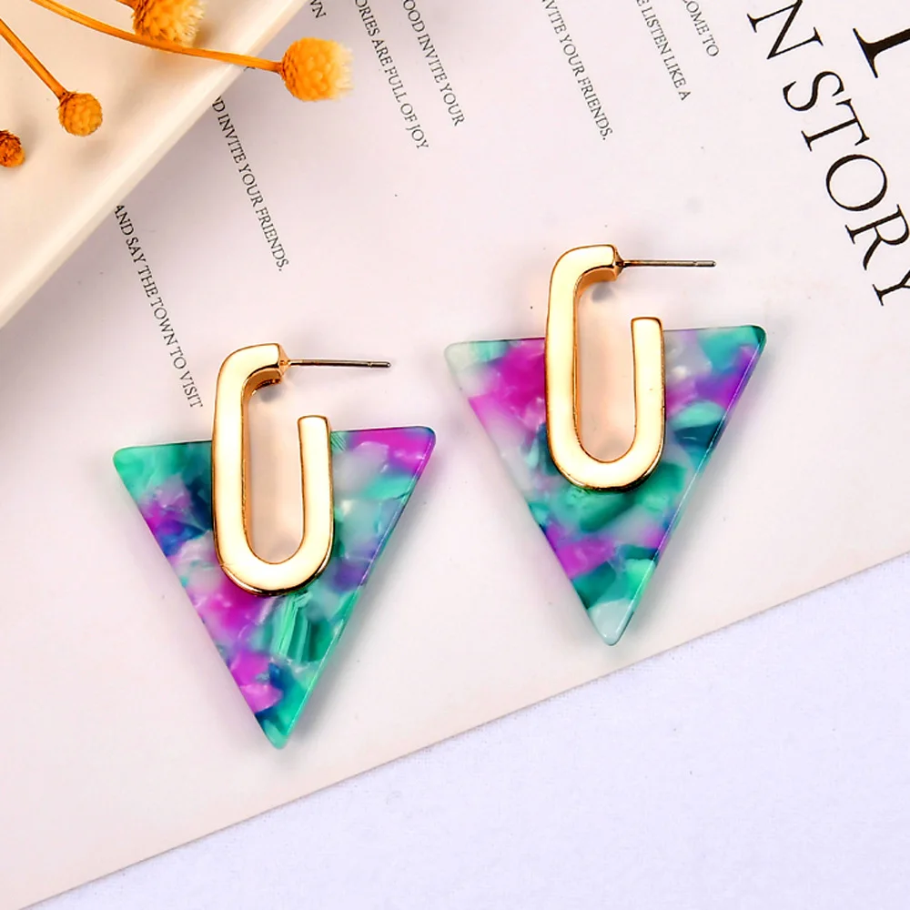 

Trendy Women Jewelry Acrylic Geometric Drop Earrings Triangle Shaped Marble Effect Acetate Dangle Earrings With Metal, As picture