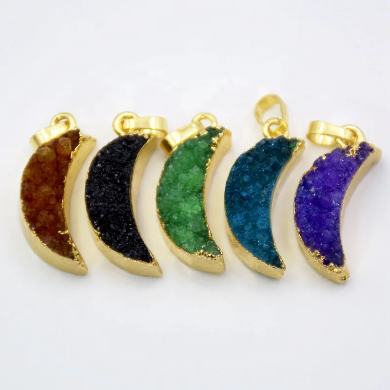 

Gold Plated Natural Agate Druzy Geode Crystal Crescent Moon Charm Pendant Drusy Gemstone Bead Jewelry Connector, Rainbow