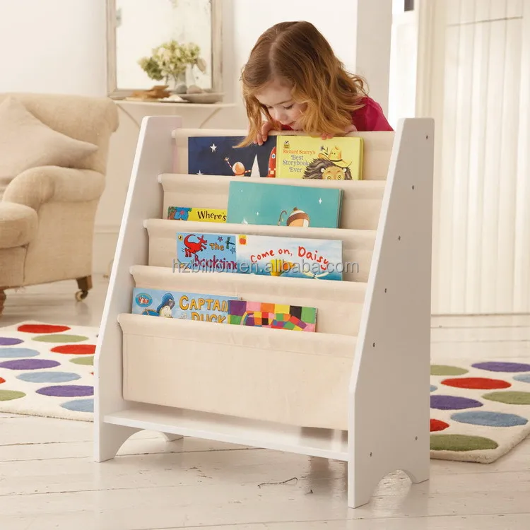 Natural Wooden Kids 5 Tier Canvas Bookshelf With Toy Storage Box
