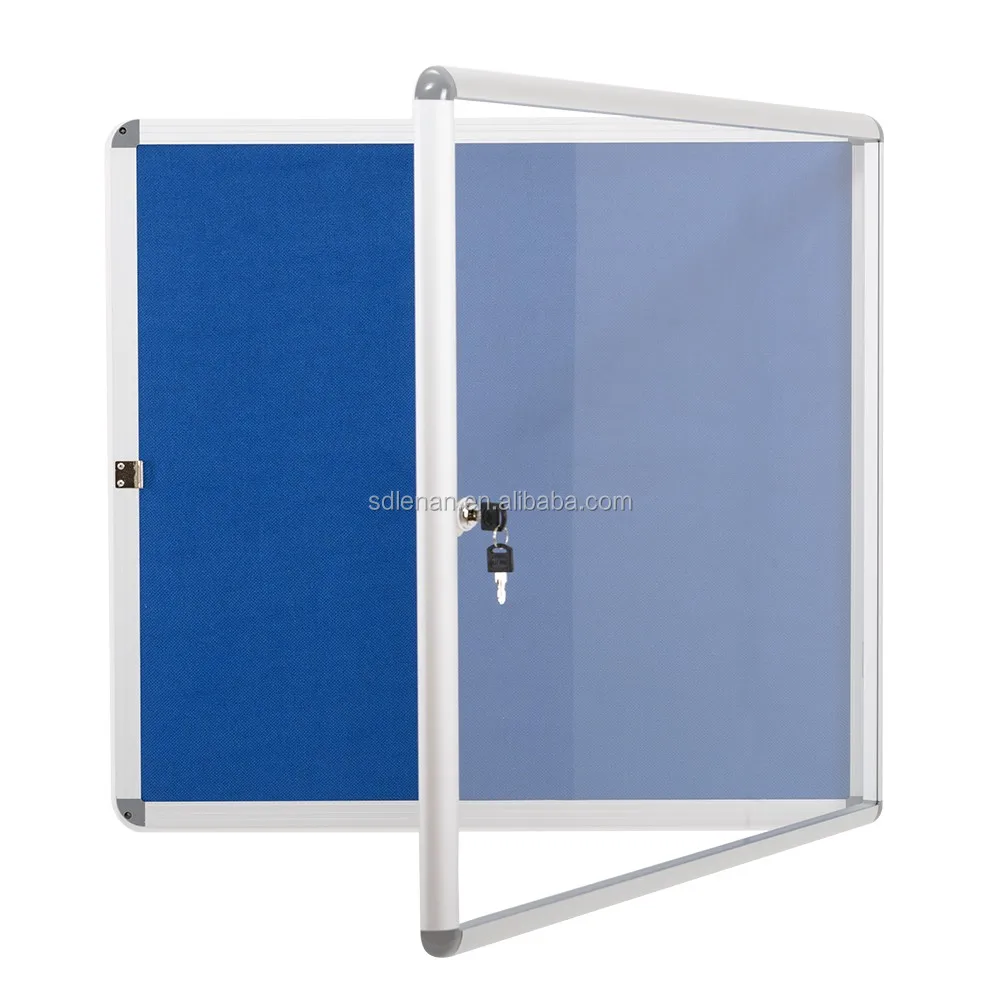 Office School Wall Mounted Enclosed Bulletin Notice Board Blue Fabric