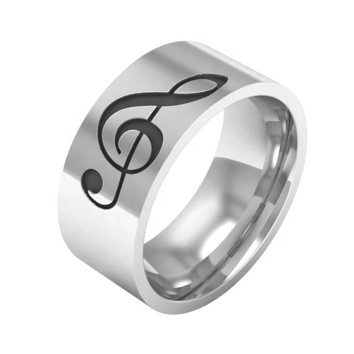 

Simple style 8mm black laser engrave high polish stainless steel music note rings for men women sale gift