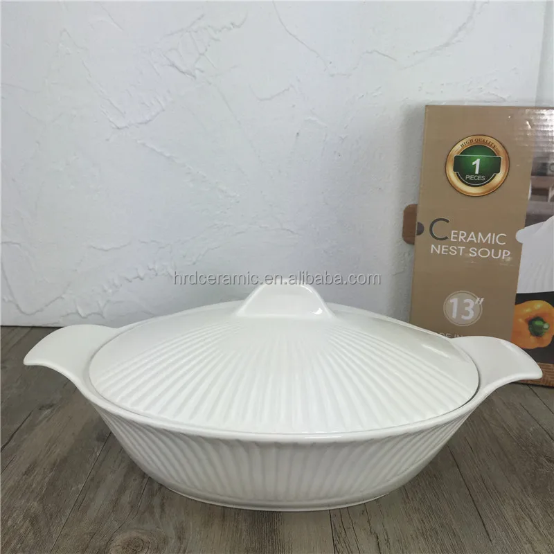 
China Factory Wholesale White Ceramic Soup Pot with Lid and Handle  (60719931494)