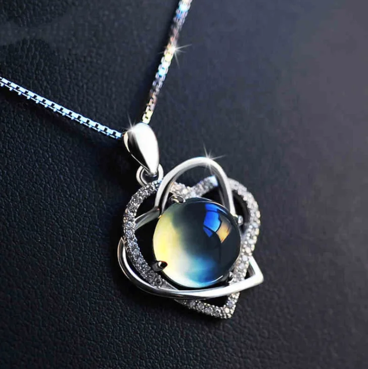 

925 sterling sliver grace and temperament unique blue crystal heart pendant necklace women, 2 colors