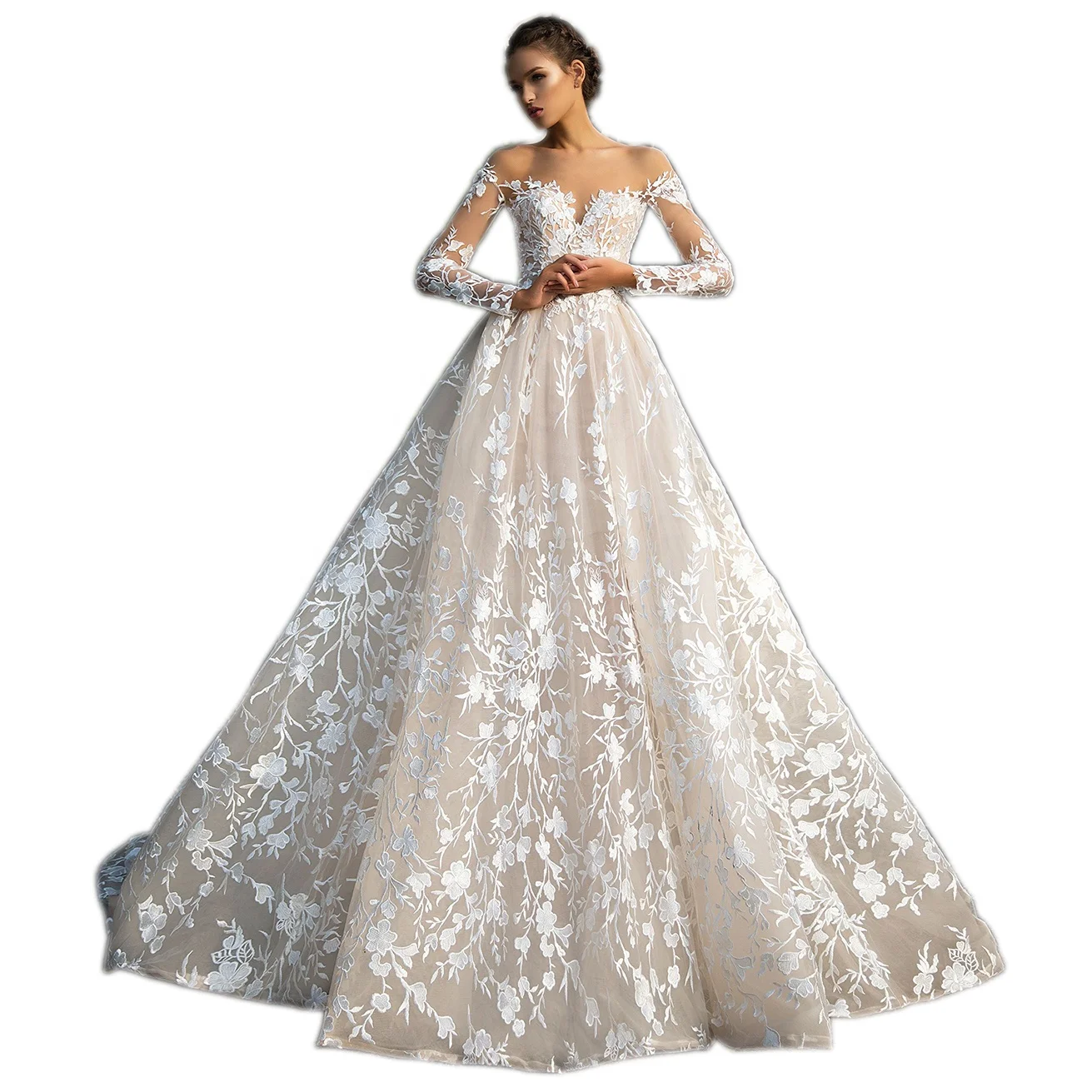 

Elegant Vestido De Renda Lace Long Sleeve Wedding Dress Open Back A Line Bridal Gowns, Customized