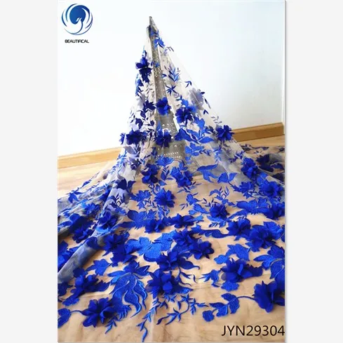 

Beautifical Tulle Lace Fabric Blue Lace Fabric Flower Embroidered 3D French Lace Fabric JYN293, Customized