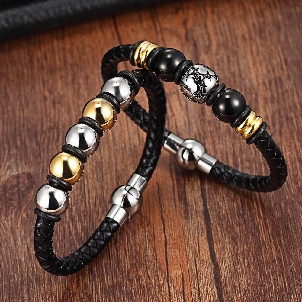 

New Design Handmade Men Fashion Stainless Steel Cuff Magnetic Clasp Leather Wrap Bracelet,Charm Beads Genuine Leather Bracelets, Gold/silver