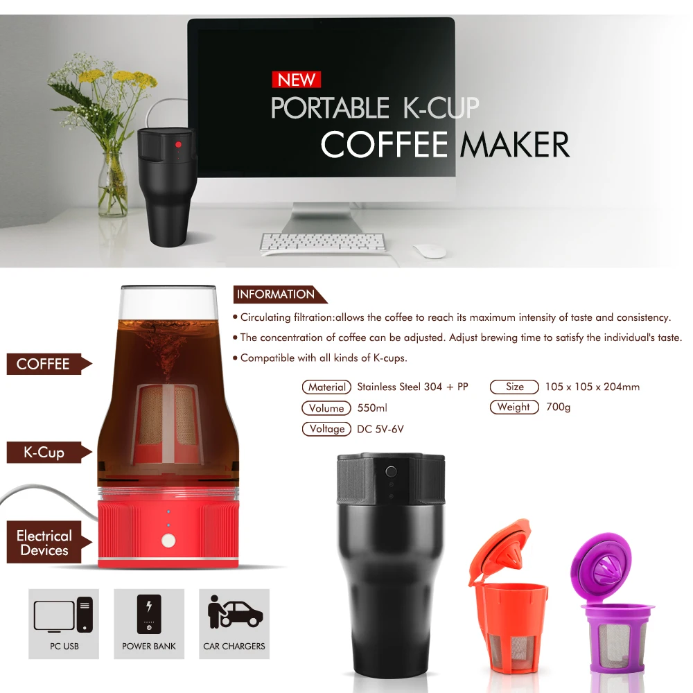Portable Stainless Steel Car Kcup Coffee Maker With Usb Cable 550ml