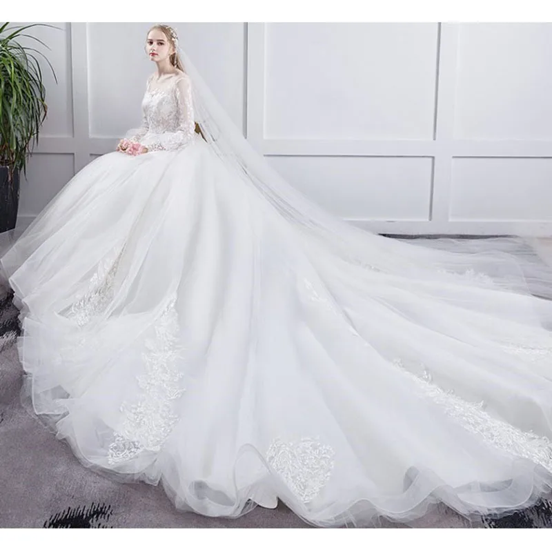 Elegant Long Trail Wedding Dress Organza Wedding Gown With