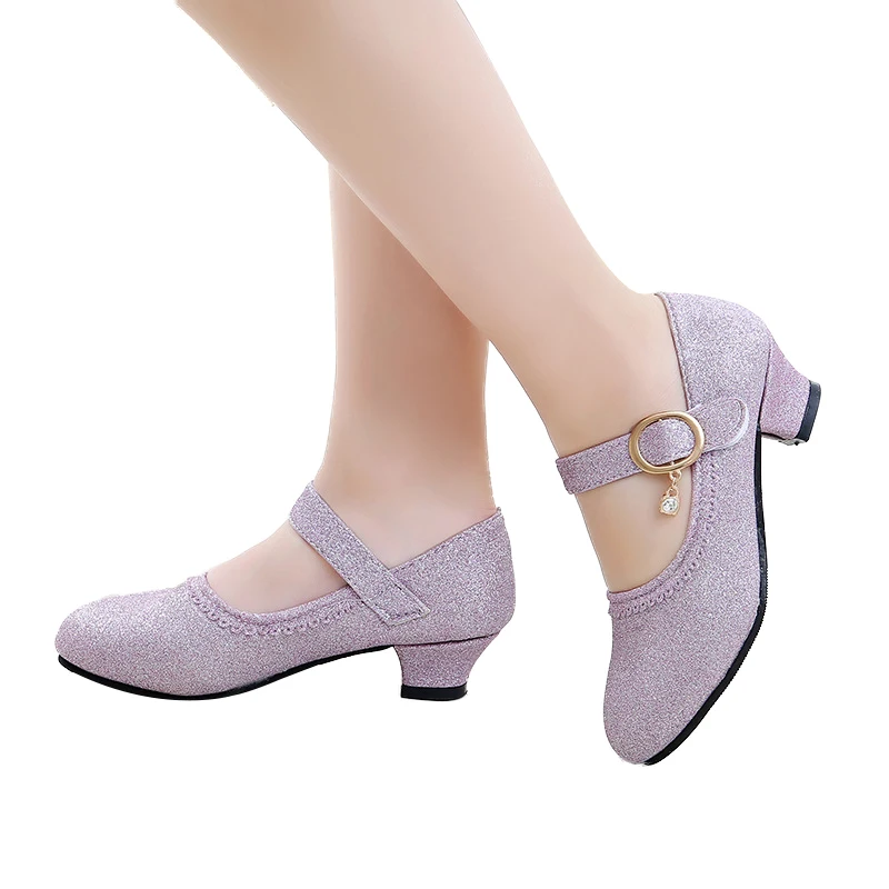 

2019 Spring New Lady Student Fashion High Heel Girl Leather Princess Shoe, Purple, blue, gold