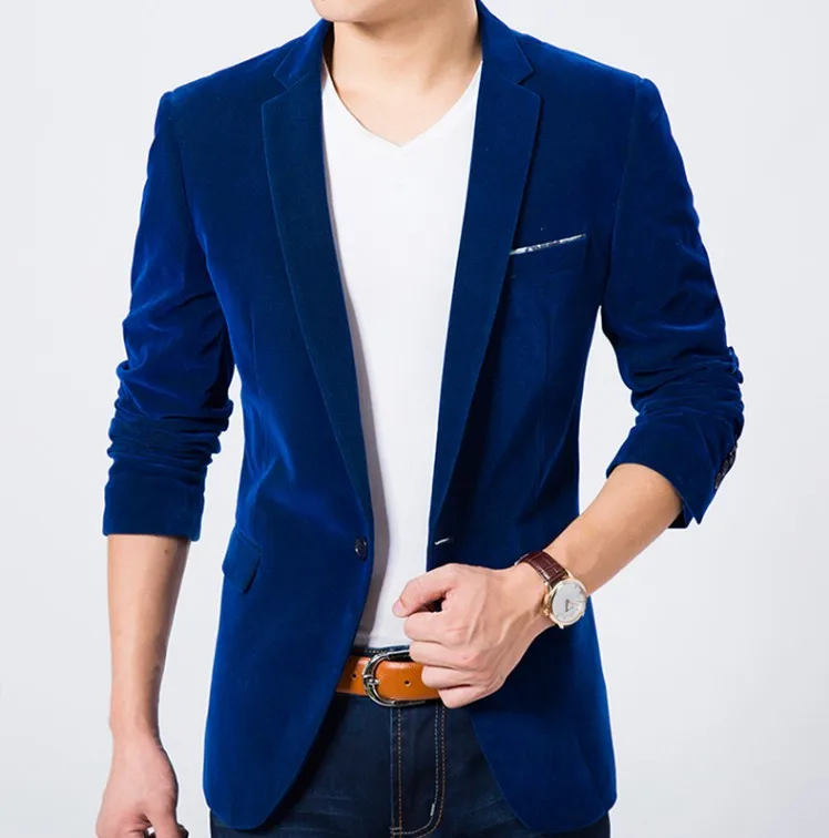 wholesale High Quality solid Royal Blue Velvet Blazer Men Autumn Fashion Mens Slim Single Button suit Jacket Wedding Blazers