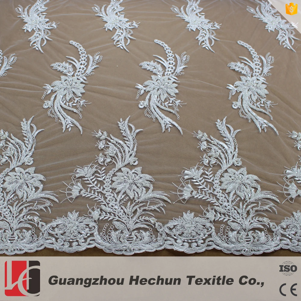 

HC-0606 HeChun 100% polyester white embroidered wedding lace fabric