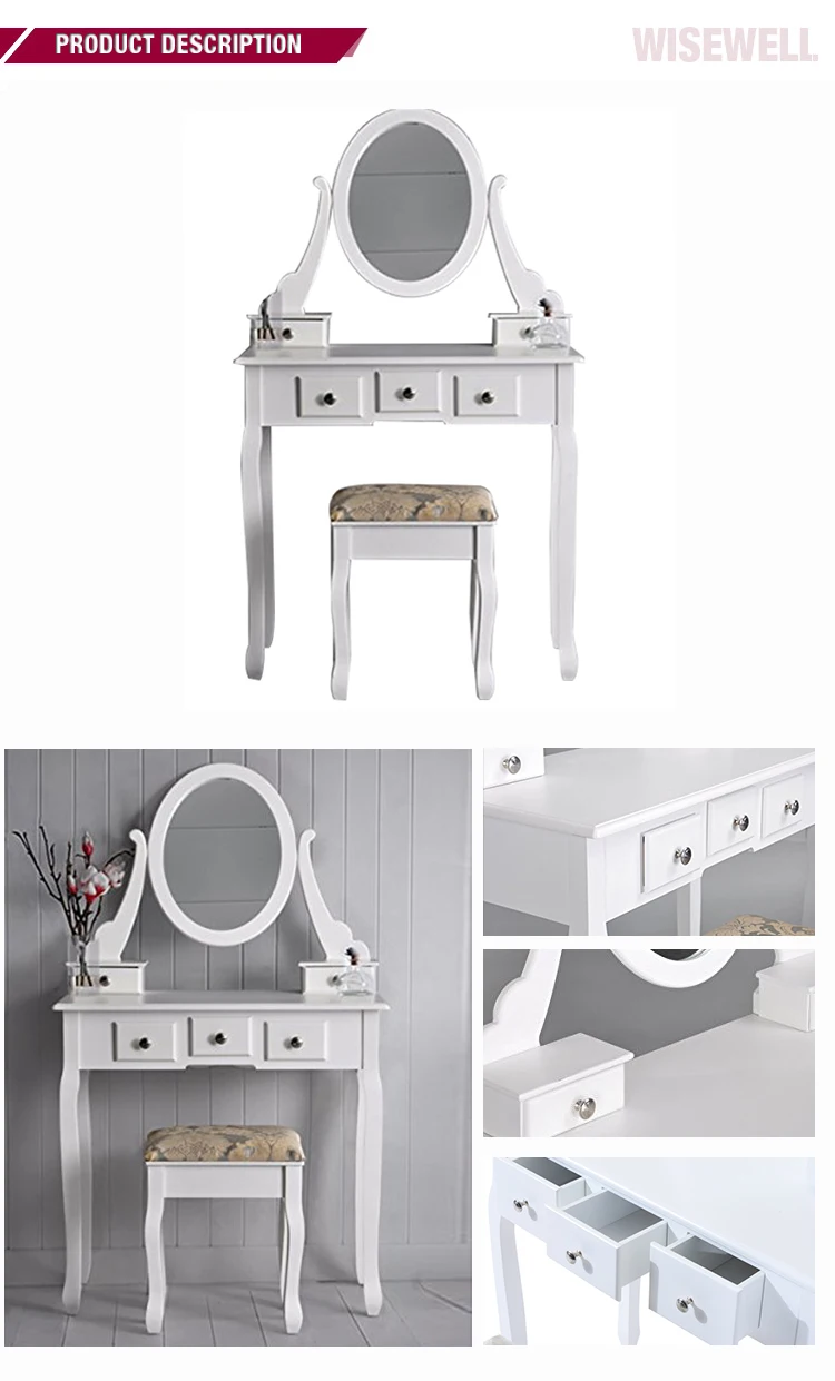 Handmade wooden vanity dressing table with mirror and stool