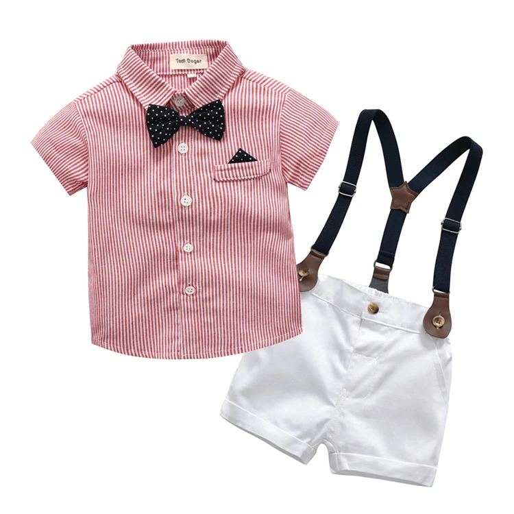 

Wholesale kids summer red stripe boutique 2 piece clothing set with bowknot for birthday gift, As picture show