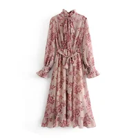 

Ruffle neck and sleeve floral printed women vintage long dress with belt