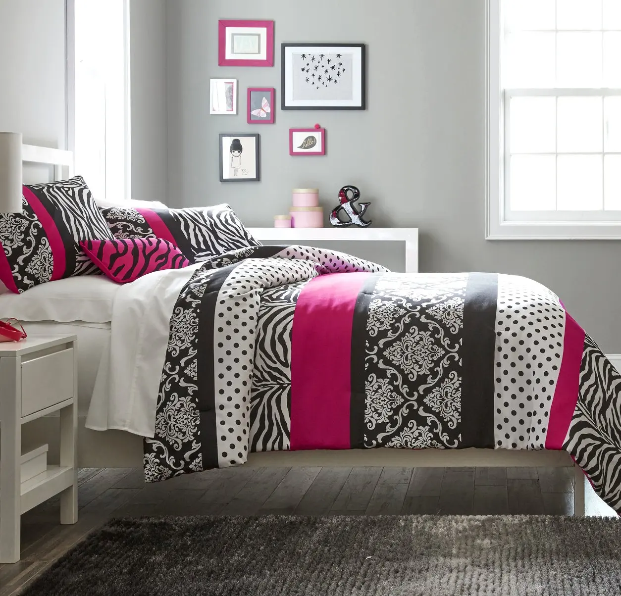 Buy Teen Girl Hot Pink Black White Bedding Comforter Damask Zebra Queen Bedspread Set 2 Shams Adorable Throw Pillow Home Style Sleep Mask Polka Dot Fuchsia Paris Comforters Sets