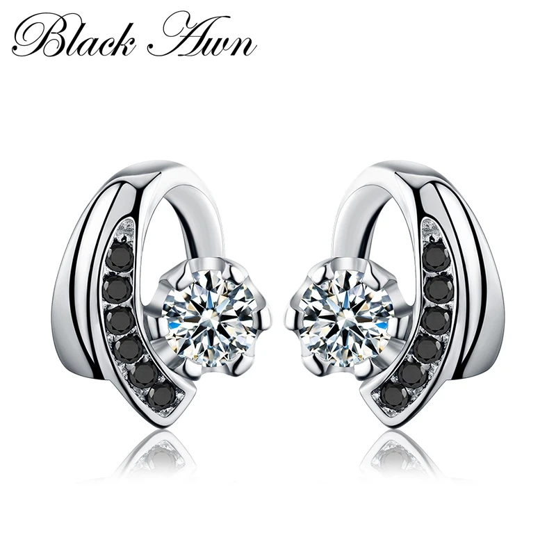 

[BLACK AWN] 925 sterling silver jewellery Earrings for Women Black&White Stone Boucle D'oreille Brincos T038